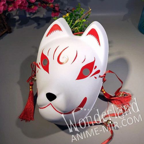 Японская карнавальная маска лисы кицунэ - большая, красная с виртушкой / Japanese Kitsune Fox carnival mask