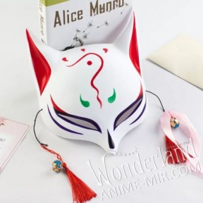 Японская карнавальная маска лисы кицунэ - большая бело-красная / Japanese Kitsune Fox carnival mask
