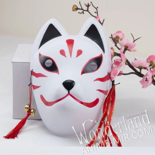 Японская карнавальная маска лисы кицунэ - большая, красно-чёрная / Japanese Kitsune Fox carnival mask