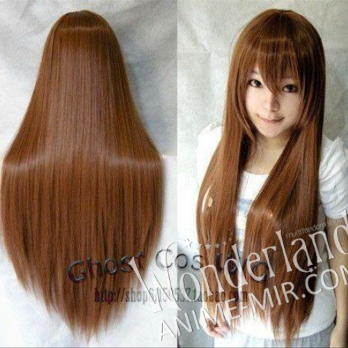 Косплей парик коричневый с челкой 80 см / Cosplay wig brown