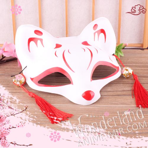 Японская карнавальная маска лисы кицунэ - маленькая с красными линиями / Japanese Kitsune Fox carnival mask 