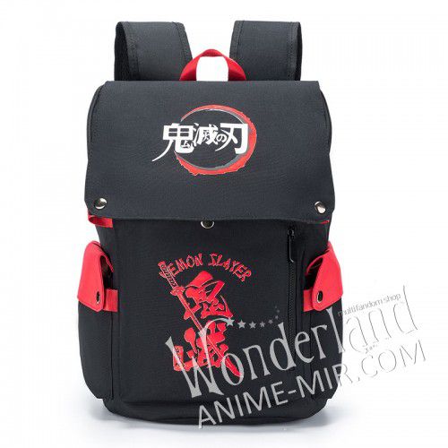 Аниме рюкзак Клинок, рассекающий демонов - логотип и красные иероглифы черный / Demon slayer: Kimetsu no Yaiba
