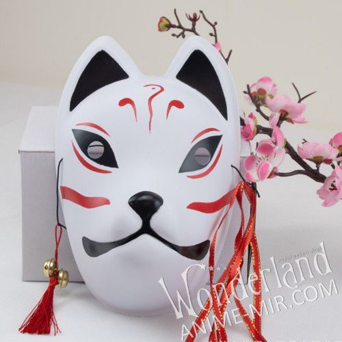 Японская карнавальная маска лисы кицунэ - большая с красными линиями / Japanese Kitsune Fox carnival mask 