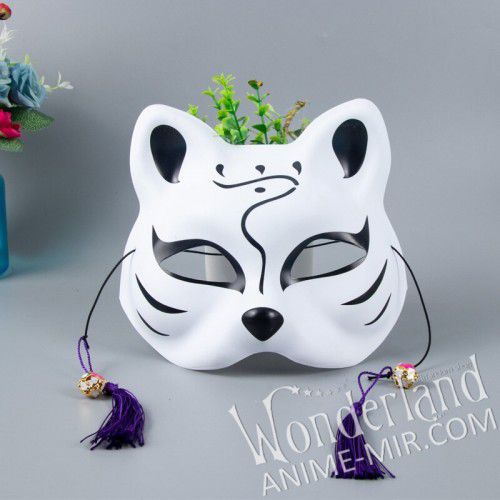 Японская карнавальная маска лисы кицунэ - средняя с чёрными линиями / Japanese Kitsune Fox carnival mask 