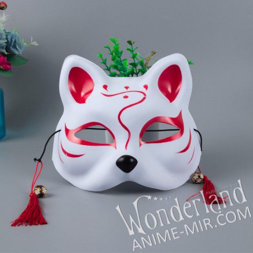 Японская карнавальная маска лисы кицунэ - средняя с красными линиями / Japanese Kitsune Fox carnival mask 