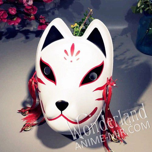 Японская карнавальная маска лисы кицунэ - большая с красным цветком / Japanese Kitsune Fox carnival mask 