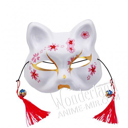 Японская карнавальная маска лисы кицунэ - средняя с цветами сакуры / Japanese Kitsune Fox carnival mask 