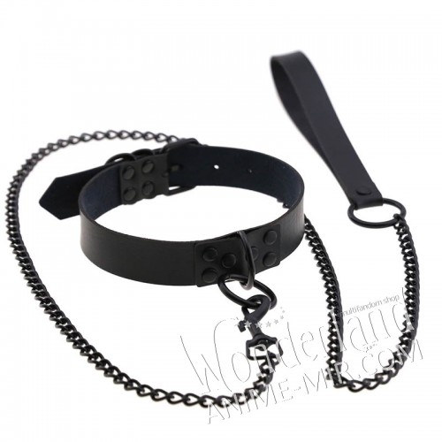 Чокер черный с кольцом (с цепью поводком и шипами) / Choker necklace with a leash