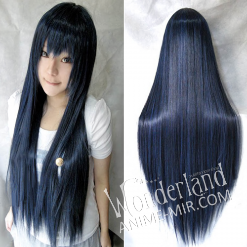 Косплей парик темно-синий с челкой 80 см / Dark-blue cosplay wig