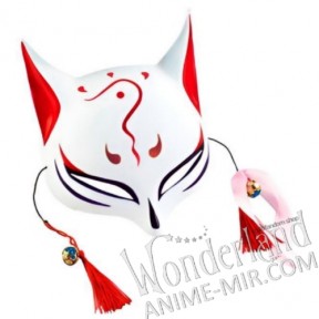 Японская карнавальная маска лисы кицунэ - большая, бело-красная / Japanese Kitsune Fox carnival mask